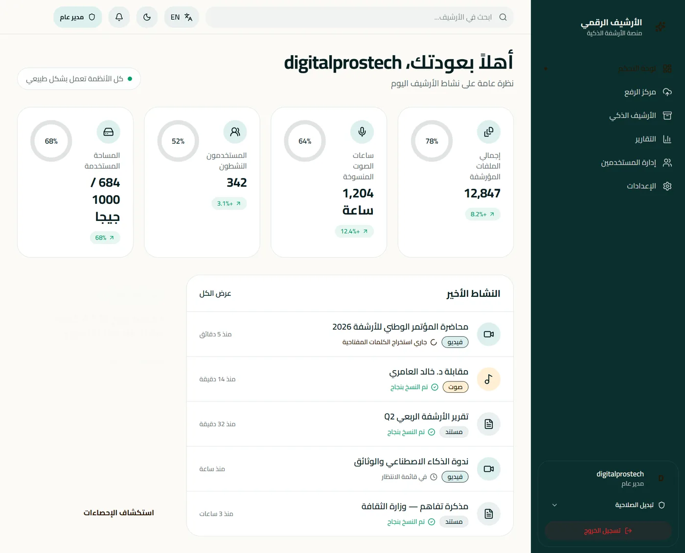 AI digital archiving platform showing files, transcription, storage, and user management