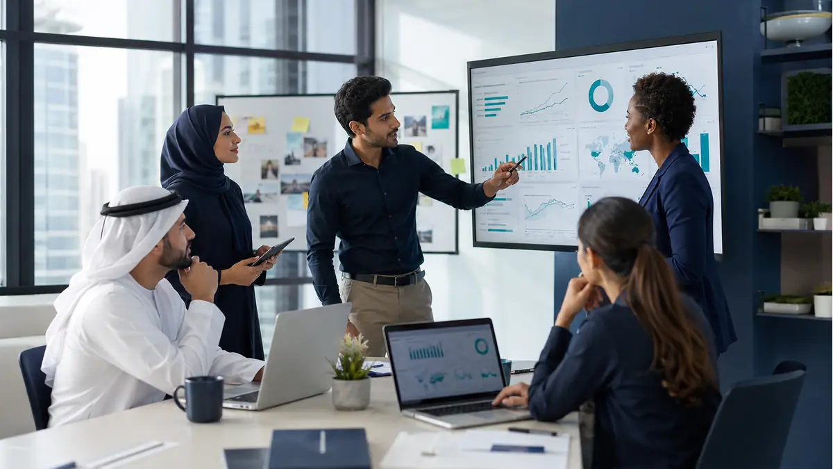 Digital marketing team reviewing Artificial intelligence assisted campaign performanc e dashboards