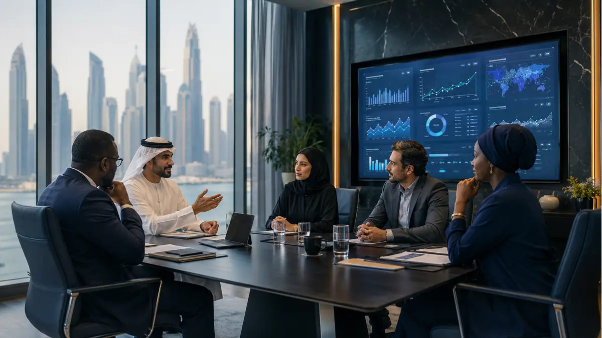 Executive team reviewing AI readiness metrics panel for modern regional enterprises