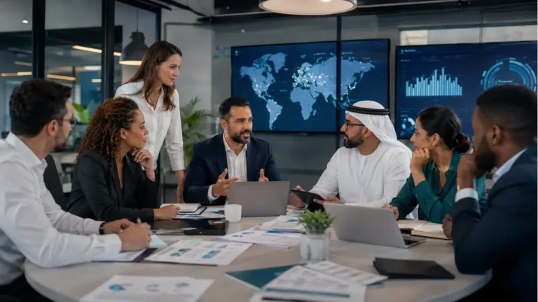 Illustrative business team planning connected solutions and transformation