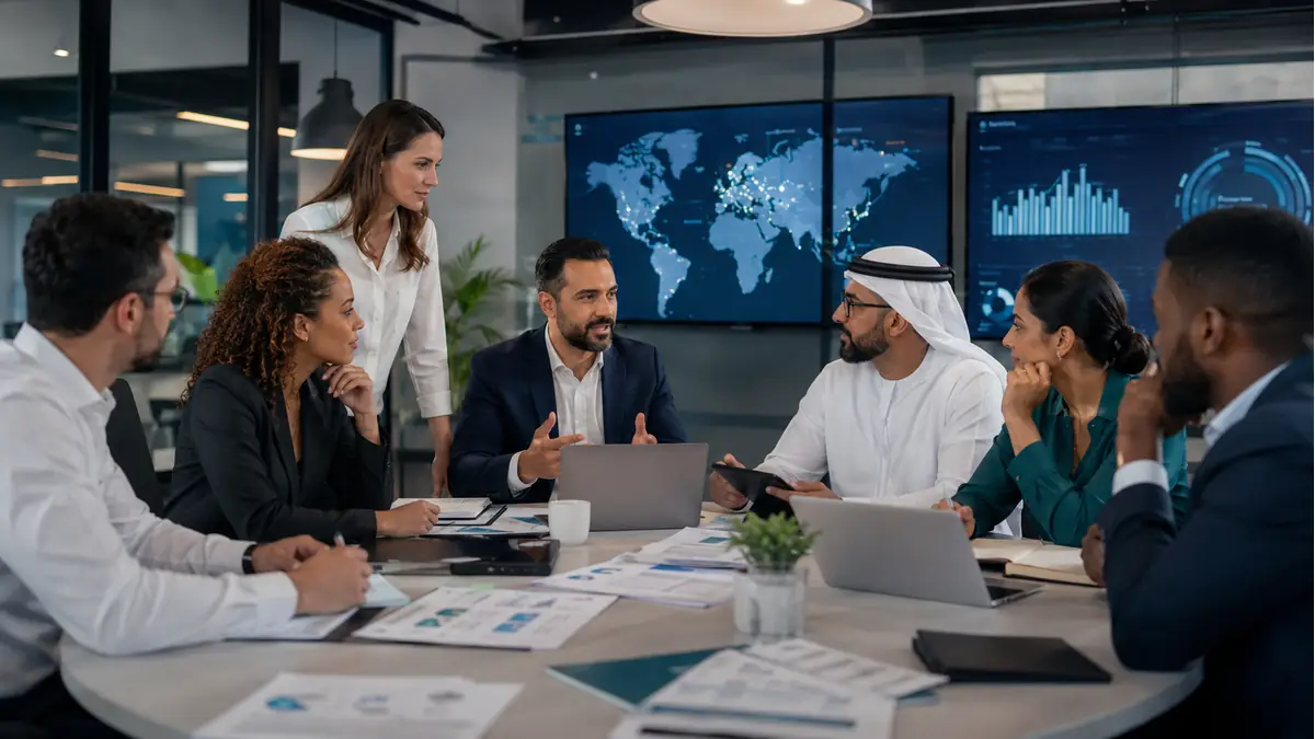 Illustrative business team planning connected solutions and transformation