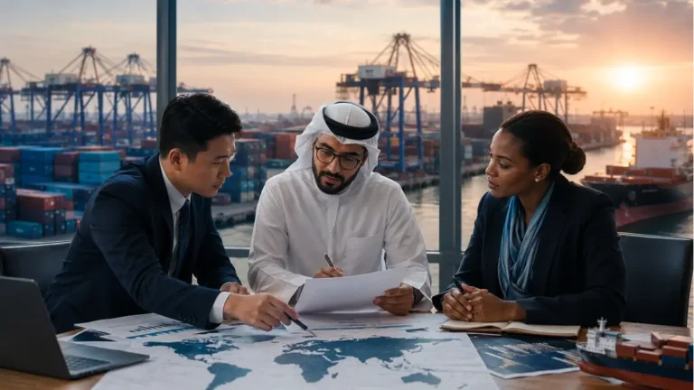 Illustrative trade professionals discussing supply chains near a container port